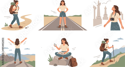 Vector Icons Set for Adventure Travel, Hiking, Exploring, and Nature with Backpacking, Compass, and Photography Symbols for Websites, Apps, and Digital Media Projects