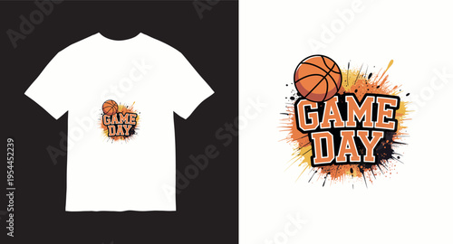 White t-shirt design with graphic that reads game day with basketball and paint splashes, vector illustration