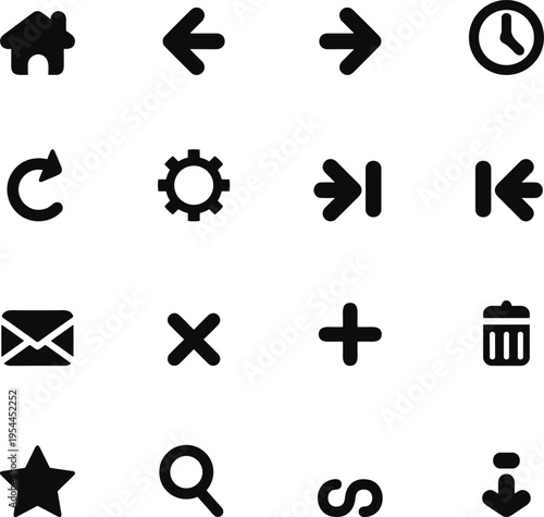 Minimal user interface icon set vector with navigation arrows, home, search, settings, mail and delete symbols for web design, mobile apps and UI elements