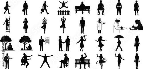 Diverse people silhouette collection showing daily activities, professions, and lifestyle poses isolated on white background for design and illustration use