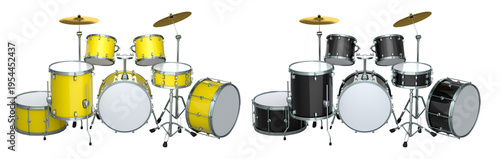 Canvas Print Set of realistic drums with metal cymbals or drumset on white background