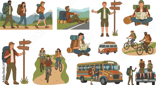 Vector Icons Set for Outdoor Adventure, Hiking, Cycling, and Exploration with Backpacking, Signposts, and Travel Symbols for Websites, Apps, and Digital Media Projects
