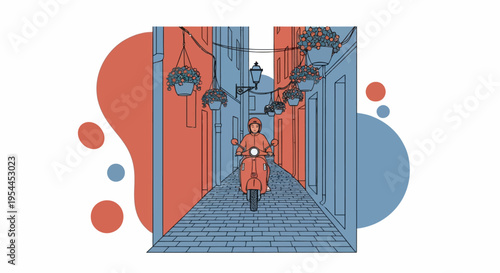 Abstract Mediterranean Street Illustration with Hanging Flower Pots and Terracotta Wall