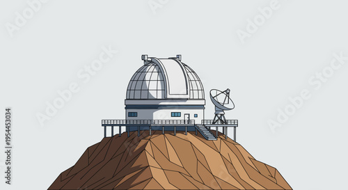 Astronomical observatory building on mountain peak vector illustration