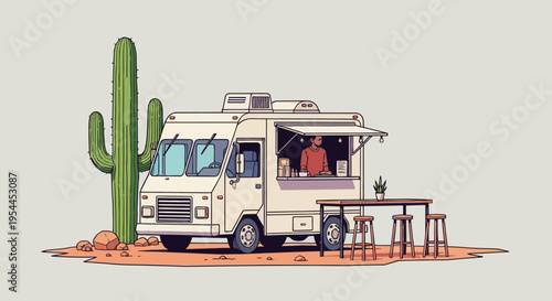 Desert road trip illustration with cactus and camper van