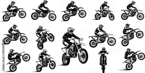 Motocross rider silhouette collection performing jumps and stunts on dirt bike isolated on white background for extreme sport design