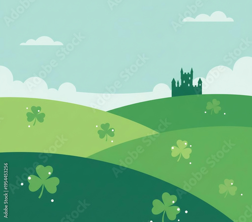 A vibrant spring nature illustration featuring a rural landscape of rolling green hills and meadows under a sunny blue sky with a winding road, trees, and colorful summer flowers