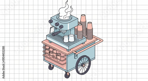 Isometric Coffee Machine Cart Illustration