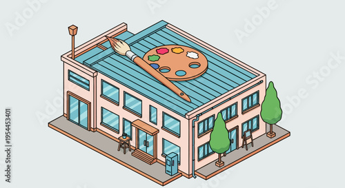 Isometric illustration of a building being painted with a brush