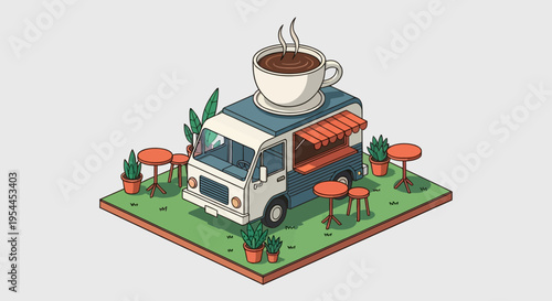 Isometric illustration of a camper van with a table and plants on a grassy patch