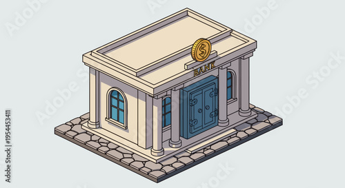 Isometric Illustration of a Classical Building Corner with Arched Window and Stone Pavement