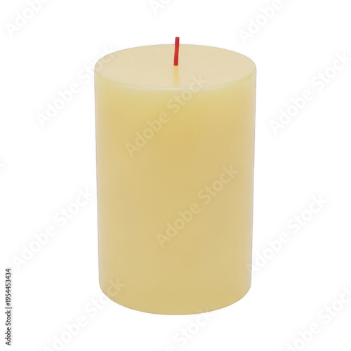 Beige pillar candle on transparent background with red wick