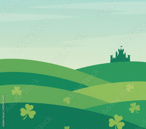 A cartoon vector illustration of a green St Patrick's Day village landscape featuring a rural church, rolling hills, and a spring meadow with flowers under a sunny sky