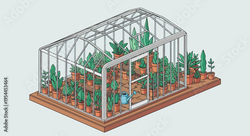 Isometric illustration of a greenhouse with potted plants