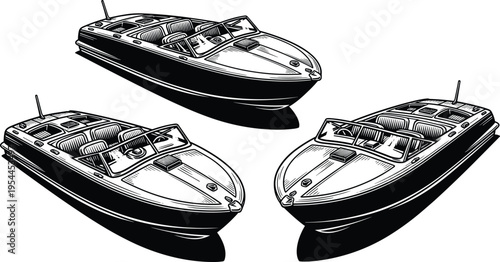 Speedboat illustration collection with modern motorboats in different angles isolated on white background for marine, transport, and leisure design