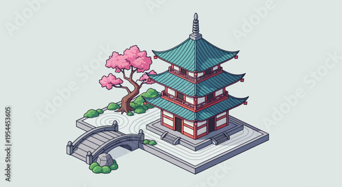 Isometric Japanese Zen Garden with Cherry Blossom and Bridge
