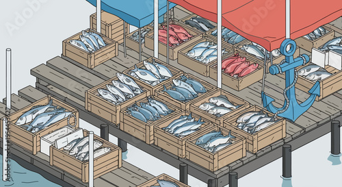 Isometric Illustration of Fresh Fish in Wooden Crates at a Pier Harbor Market
