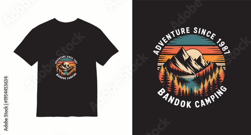Adventure since 1987 bandok camping retro sunset mountain landscape circle badge illustration