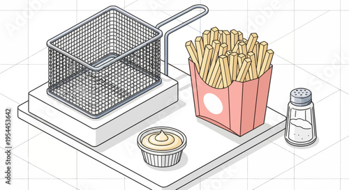 Isometric Metal Deep Fryer Basket Vector Illustration