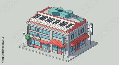 Isometric Music Academy Building with Piano Roof Illustration