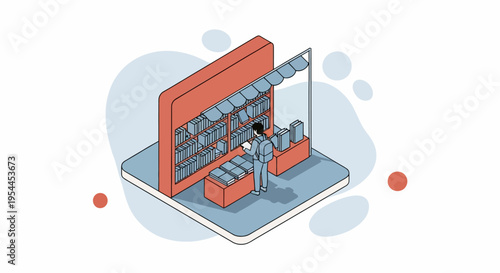 Isometric Online Digital Library and E-learning Concept Illustration