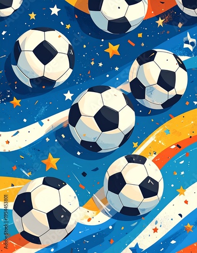 Soccer Ball Pattern Background with Stars and Diagonal Stripes