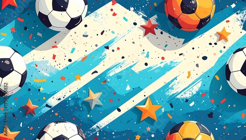 Soccer Ball Background with Blue Brush Strokes and Stars