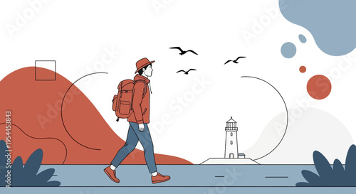 Minimalist Illustration of a Male Traveler Hiking with Backpack in Abstract Landscape