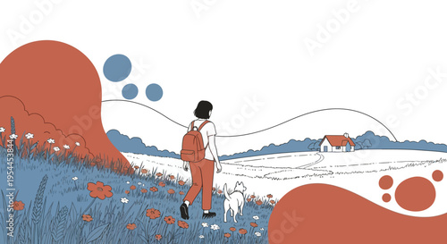 Minimalist Illustration of a Backpacker Walking Through a Meadow with Red Flowers and Abstract Shapes