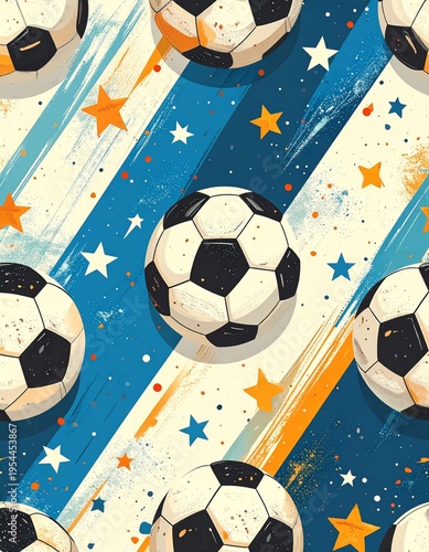 Soccer Ball Pattern with Diagonal Blue Stripes and Stars