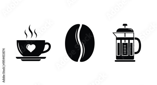 Coffee cup bean and french press icons in a clean silhouette