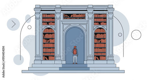 Vector Illustration of a Classical Library Bookshelf with Architectural Columns