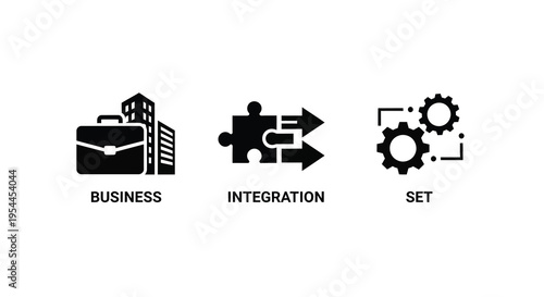 Business integration and set icons in a stark black silhouette