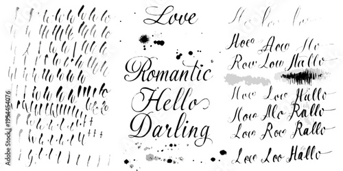 Calligraphic composition featuring romantic words and handwritten letterforms