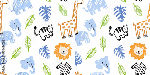 Childlike drawing of safari animals and tropical leaves on white