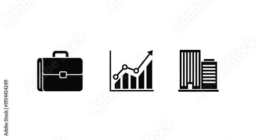 Business icons depicting briefcase growth chart and skyscrapers silhouette
