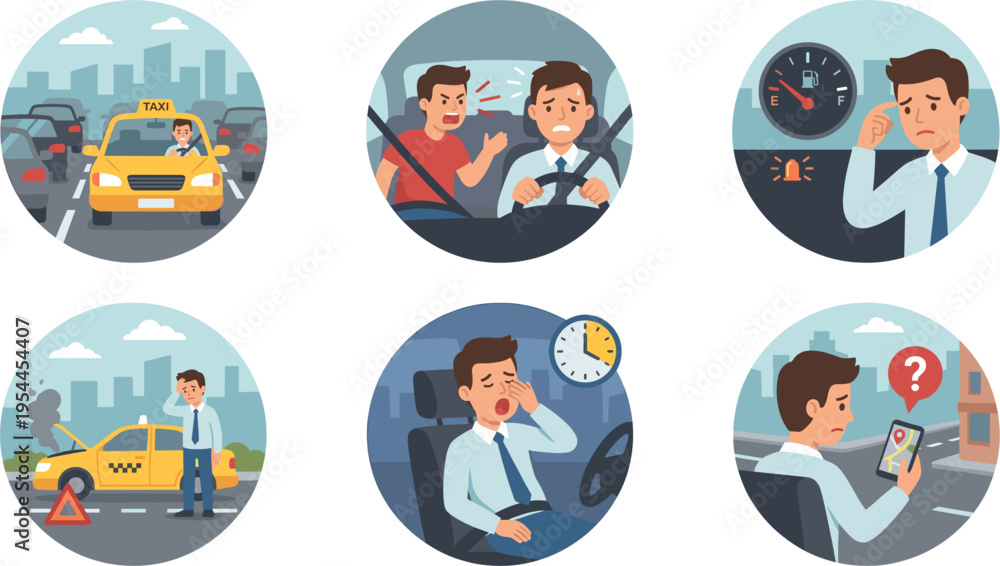 Fototapeta premium Vector Icons Set for Taxi Ride Troubles, Traffic Jams, Car Breakdown, and Navigation Issues for Websites, Apps, and Digital Media Projects