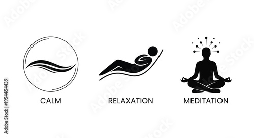 Three icons representing calm relaxation and meditation silhouette
