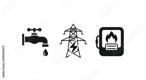 Utility icons representing water electricity and fire as a silhouette