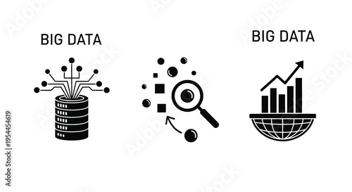 Big data concepts illustrated with bold graphic icons a silhouette