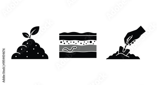 Gardening icons depicting growth soil and planting in silhouette