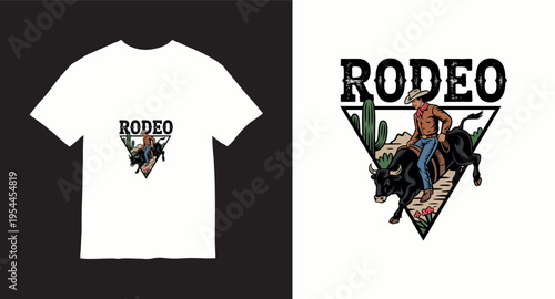 Rodeo bull rider on bucking bull western t-shirt design concept