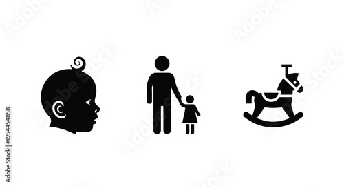 Family with child rocking horse and baby head in black silhouette
