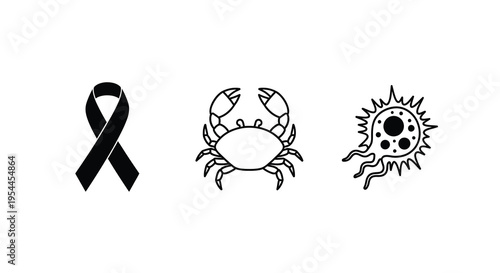Ribbon crab and sun icons presented as stark black designs silhouette