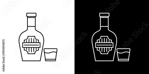 Single icon of line art of a bottle of alcohol and two glasses on a white and black background