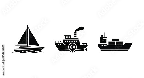 Three black ships a sailboat paddle steamer and freighter silhouette