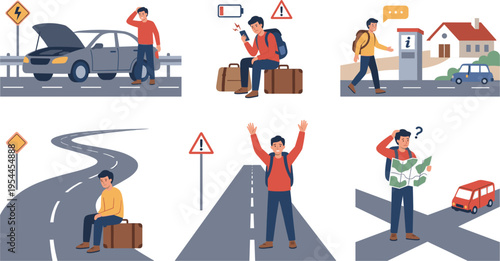 Vector Icons Set for Travel Troubles, Roadside Assistance, Lost Traveler, and Directional Issues for Websites, Apps, and Digital Media Projects