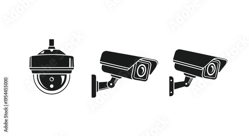 Three security cameras displayed in a stark black silhouette