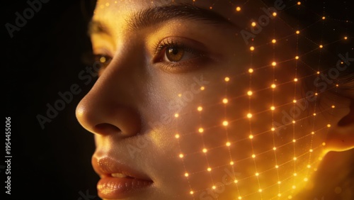A woman's side profile is interwoven with golden tech grid light effects, presenting futuristic and digital skin aesthetics, making it a material image suitable for technology, beauty and skin care sc