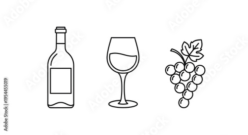 Wine bottle glass and grapes depicted in a linear silhouette